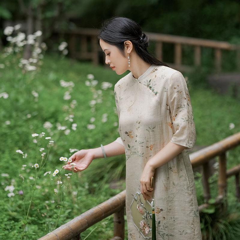 Ice cotton linen phong cách trung quốc mới ramie cải tiến váy sườn xám nữ mùa hè retro tính khí nhẹ nhàng đứng cổ áo cotton linen váy