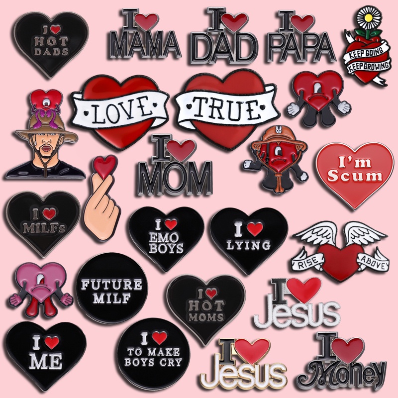 Ghim cài áo QIHE JEWELRY bằng kim loại in chữ tiếng Anh i love dad mom me/ papa thời trang