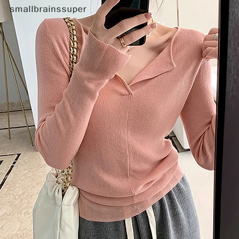 Smallbrainssuper thu đông phụ nữ hàn quốc màu rắn v-cổ dài tay áo len dệt kim mỏng sbs