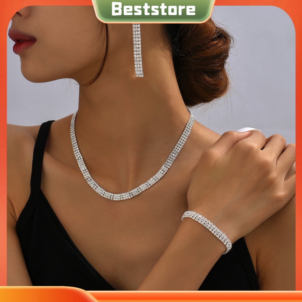 1 bộ vòng cổ phụ nữ thanh lịch tuyệt đẹp sang trọng có thể điều chỉnh lấp lánh rhinestone dangle bông tai vòng tay bộ trang sức thời trang