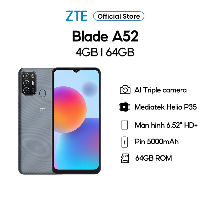 Điện thoại ZTE Blade A52 4GB l 64GB, Pin 5000mAh, Màn hình 6.52", Camera AI Triple - Chính hãng