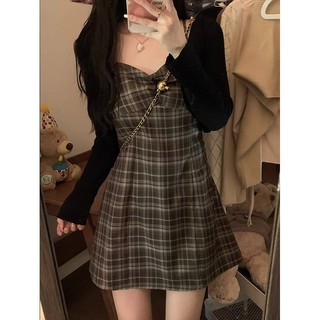 váy yếm đầm babydoll Check dress female fat mm narrow-waisted slimmer look sweet spicy sling dress outer cardigan two-piece
