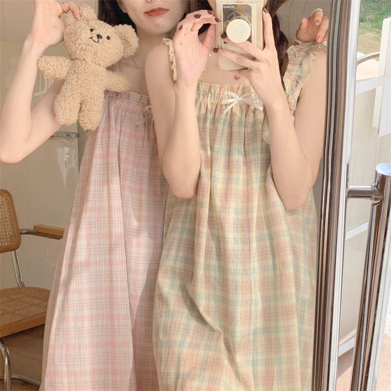 Đầm Ngủ Hai Dây Dáng Rộng In Họa Tiết Caro Cổ Điển Mềm Mại Thoáng Khí Thoải Mái Cho Nữ