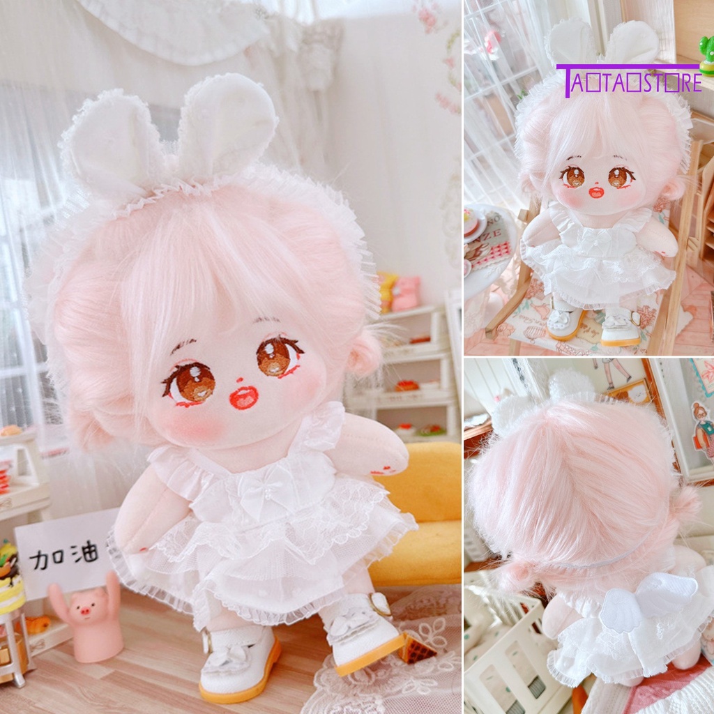 1 Set Đầm Hai Dây + Băng Đô Vải Cotton Mềm Phối Ren Màu Trắng 20cm Dễ Thương Cho Búp Bê
