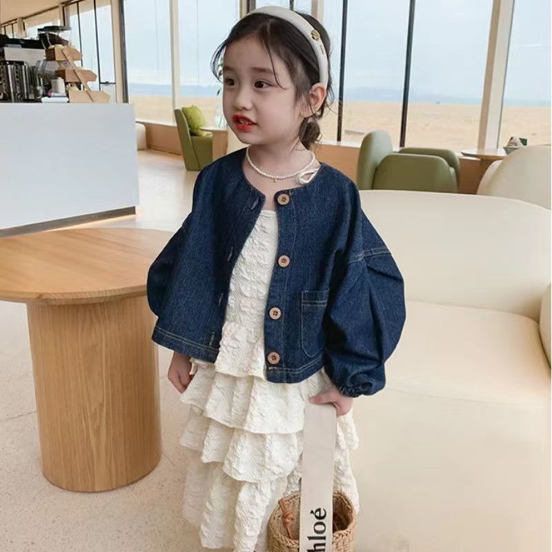 Bộ Áo Khoác Denim + Đầm Hai Dây Thời Trang Mùa Xuân 2023 Mới Cho Bé Gái