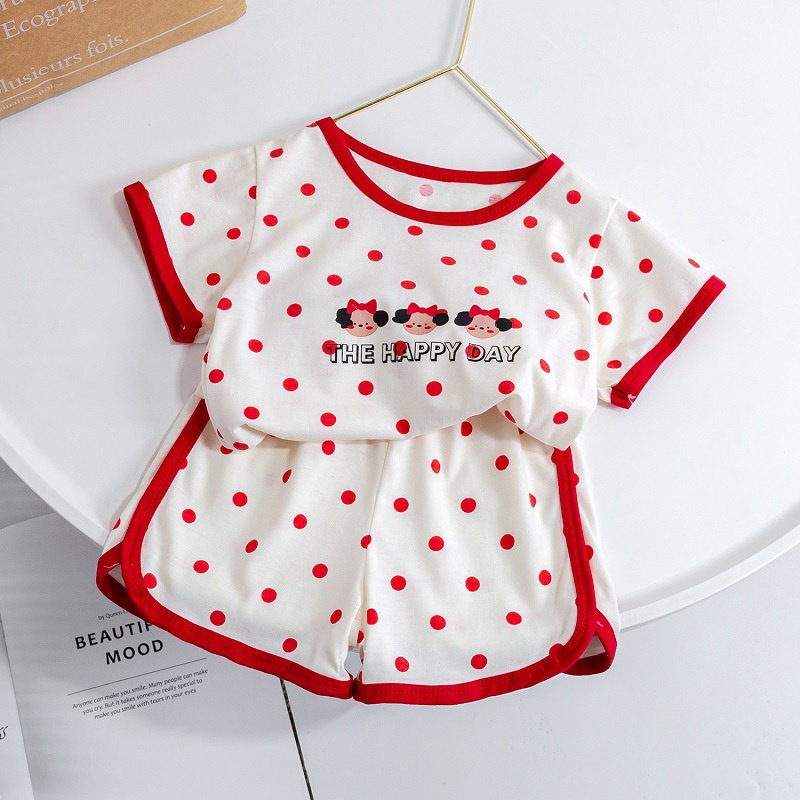 Bộ Áo Thun + Quần Chấm Bi Hoạt Hình Phong Cách Hàn Quốc Thời Trang Mùa Hè Cho Bé Gái 0329