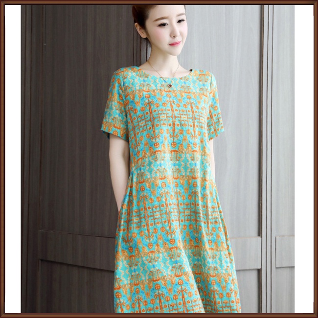 Đầm Tay Ngắn Cổ Tròn Plus Size Phong Cách Retro Dành Cho Nữ