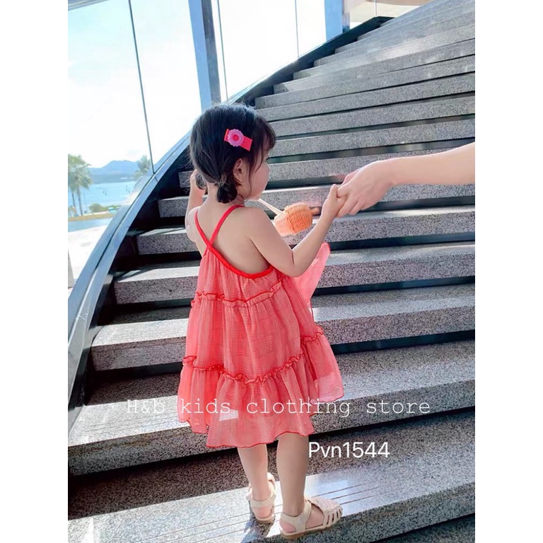 Đầm Hai Dây Mùa Hè Cho Bé Gái Đính Hình Quả Dâu, Chất voan Lụa Tơ Mềm Mịn Mát 8-20kg