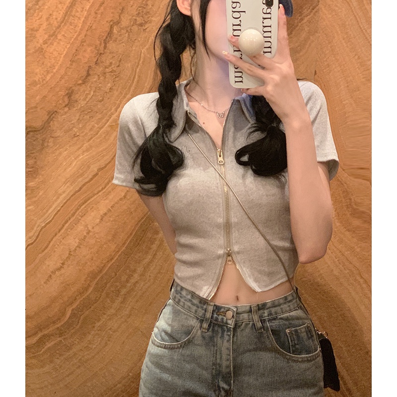 Áo Thun Xám Tay Ngắn Phối Khóa Kéo Đôi Thời Trang Mùa Hè Cho Nữ Gor22