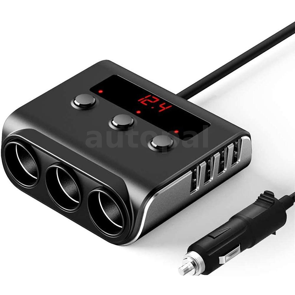 Cốc Sạc Nhanh 4 Cổng USB + 3 Ổ Cắm QC3.0 100W Có Công Tắc ON / OFF Dùng Trong Xe Hơi
