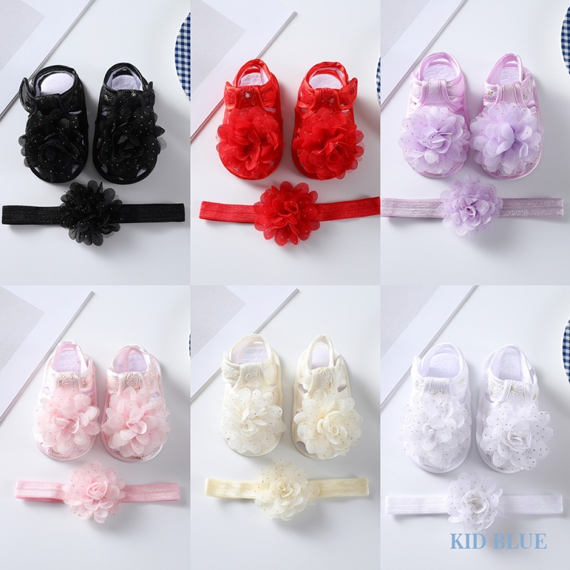 Giày Sandal Công Chúa Mùa Hè Phiên Bản Hàn Quốc Có Băng Đô Màu Sắc Tương Phản Trang Trí Hoa Cho Bé Gái 0-1 Tuổi