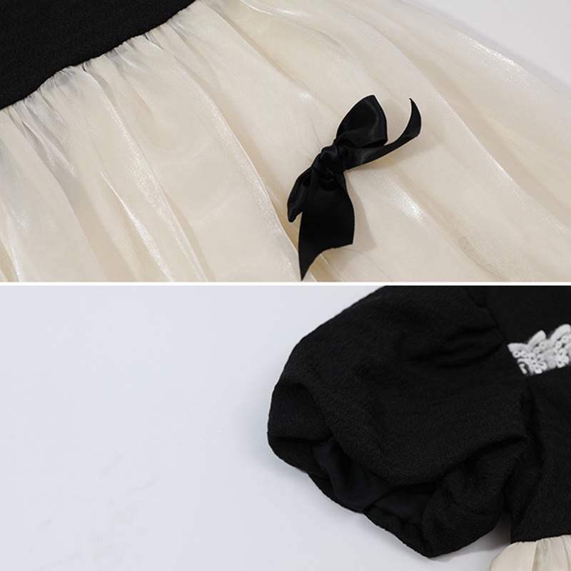 Đầm Tay Phồng Phối Lưới Đính Nơ Phong Cách Hàn Quốc Xinh Xắn Cho Bé Gái 0-5 Tuổi