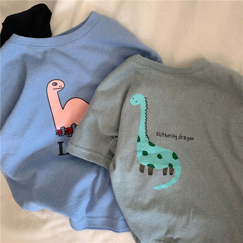 Áo Thun 100% Cotton Tay Ngắn Cổ Tròn Thoáng Khí In Hình Khủng Long Thời Trang Mùa Hè Dành Cho Trẻ Em