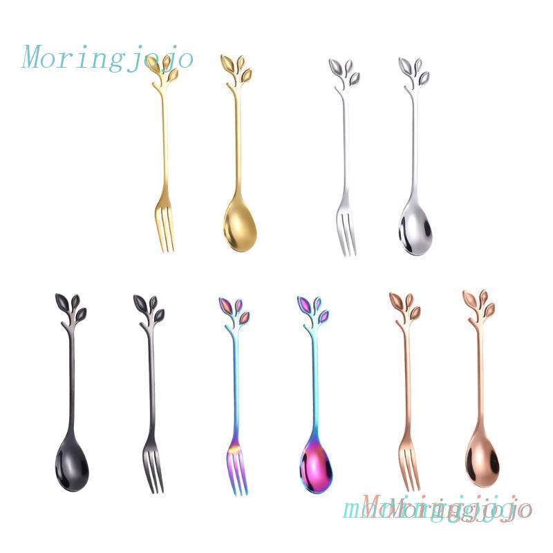 Set 2 Muỗng Nĩa Ăn Tráng Miệng Bằng Thép Không Gỉ Hình Chiếc Lá