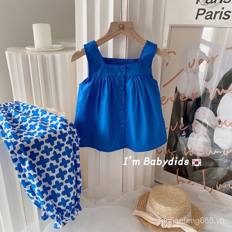Jella girls' suit 2023 Summer new Korean children's clothing blue sleeveless Suspender top nine-point anti-mosquito pants FEOG