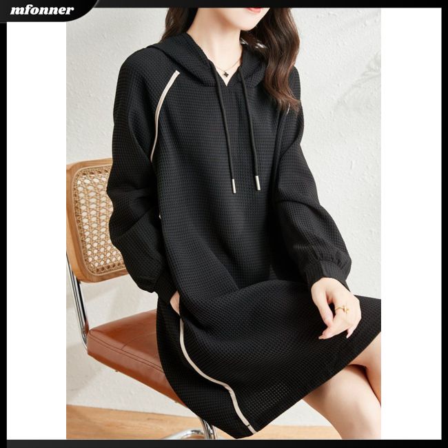 Đầm Hoodie Tay Dài Dáng Rộng Phối Dây Rút Thời Trang Cho Nữ