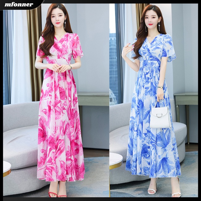 Đầm Hoa Tay Ngắn Cổ Chữ V Dáng Xòe Thời Trang Cho Nữ