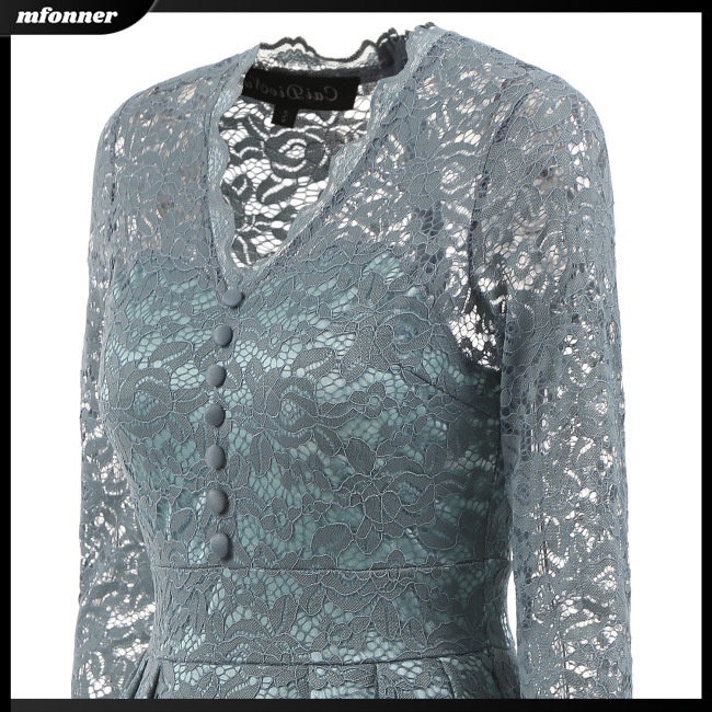 Đầm Tay Dài Cổ Chữ V Phối Ren Hoa Phong Cách Vintage