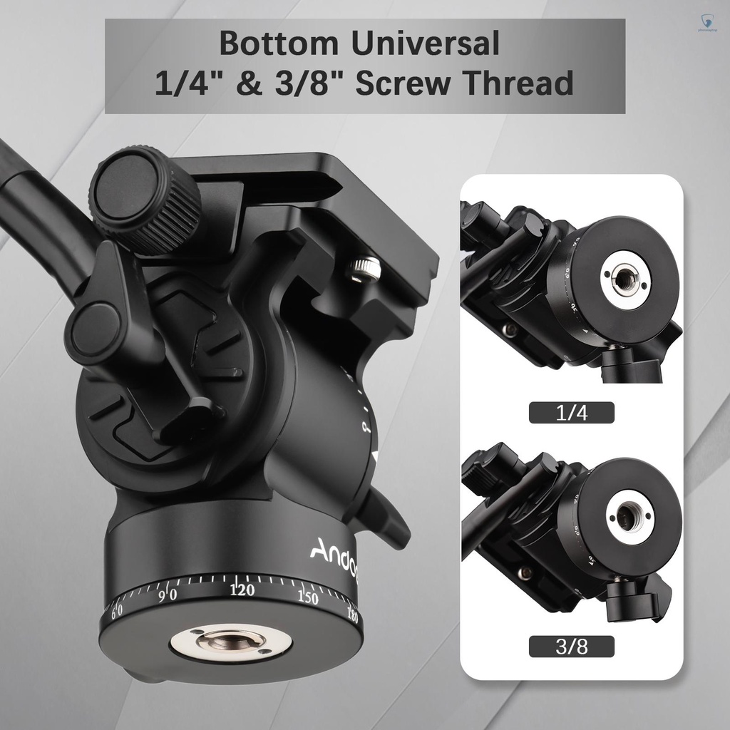 Andoer Compact Camera Video Fluid Head Pan Tilt Tripod Head Panorama Ballhead Tripod Mount Aluminum Alloy 1/4 Inch Screw 10kg/22lbs Load Capacity with Detachable Handle 2pcs Quick