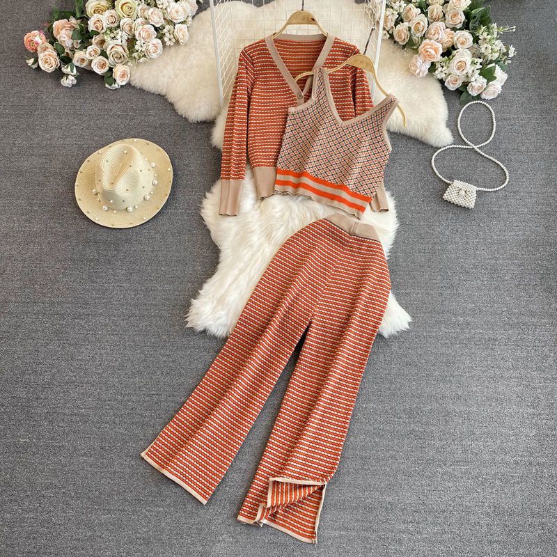 Set Áo Khoác Cardigan Cổ Chữ V + Quần Dài Lưng Cao Ống Rộng Thời Trang Cho Nữ