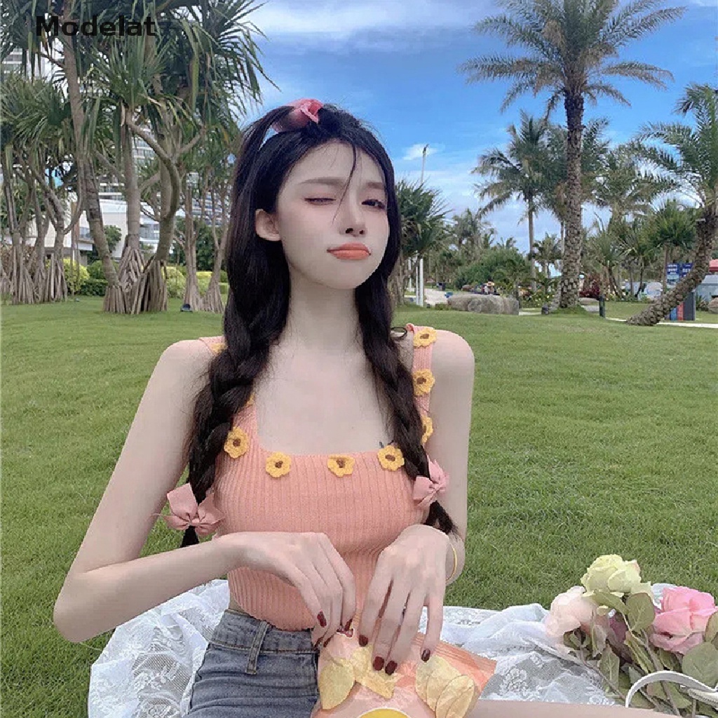 Áo Crop Top Dệt Kim Không Tay Màu Trơn In Họa Tiết Hoa Cúc Thời Trang Mùa Hè Quyến Rũ Cho Nữ