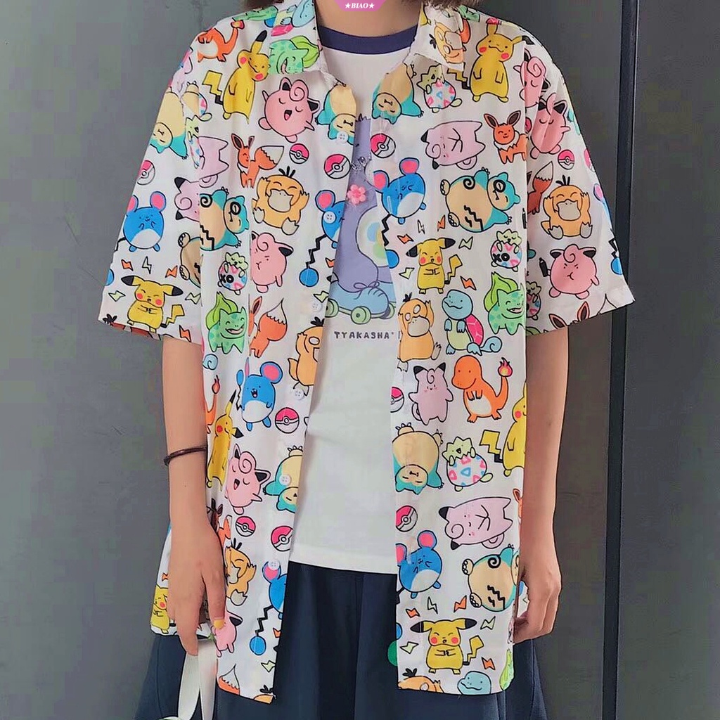 Áo Sơ Mi Tay Ngắn Cổ Bẻ In Họa Tiết Hoạt Hình Pokemon Phong Cách Harajuku Thời Trang Mùa Hè 2023 Cho Nam Và Nữ