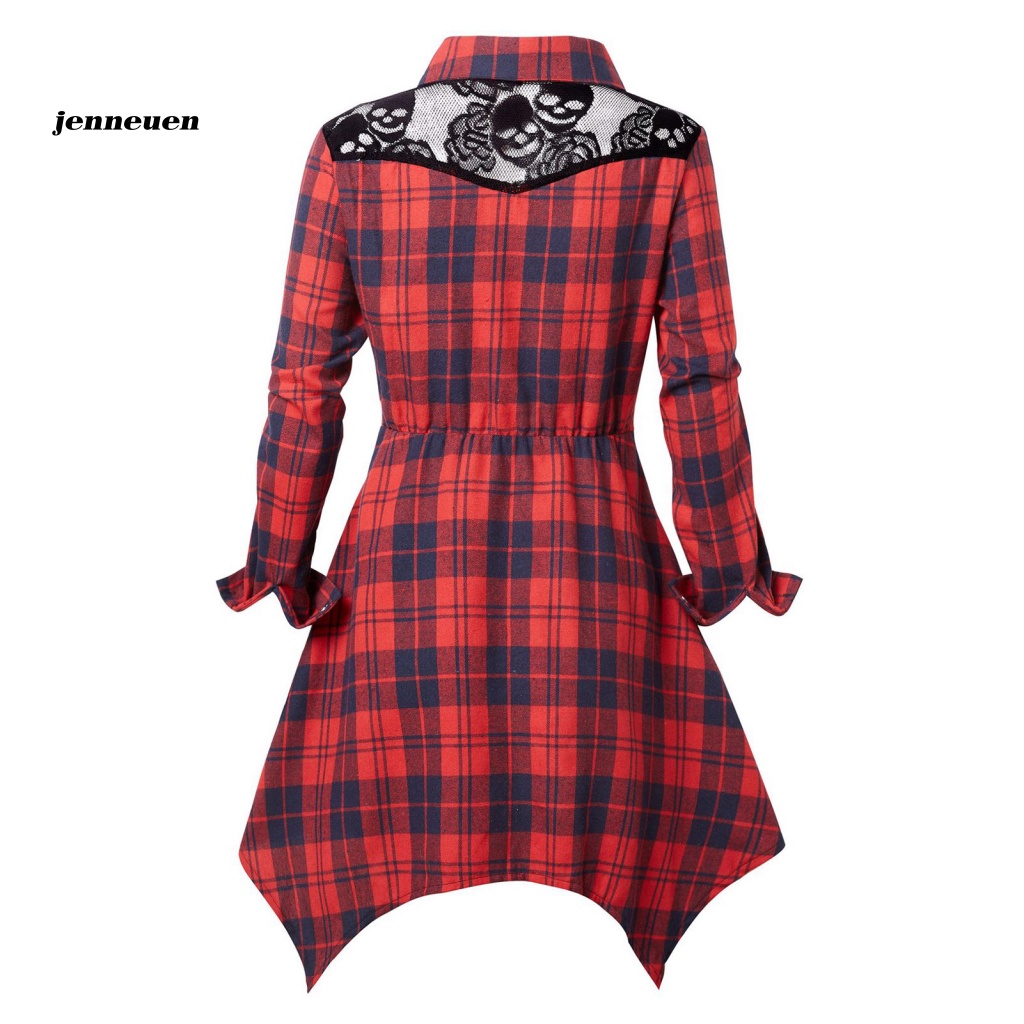 Áo Sơ Mi Cổ Bẻ Viền Ren Dáng Dài In Họa Tiết Kẻ Sọc Thiết Kế Lệch Tà Thời Trang Cho Nữ