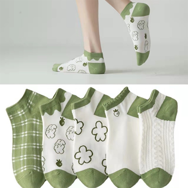 Bộ 5 Đôi Vớ Ngắn Mỏng Màu Xanh Lá In Hình Thỏ Dễ Thương Thời Trang Mùa Hè Cho Nữ