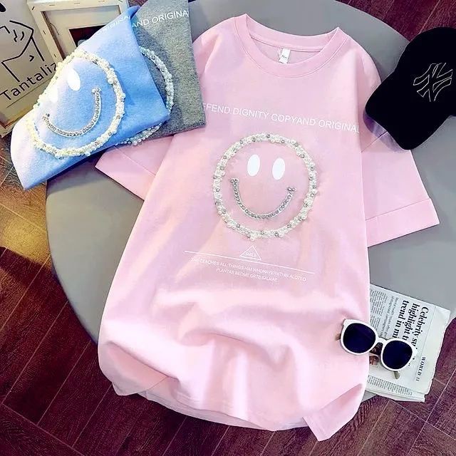 Áo Thun 100% Cotton Tay Ngắn Dáng Rộng In Hình Mặt Cười 3D Thời Trang Xuân Hè 2022