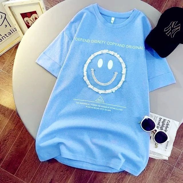 Áo Thun 100% Cotton Tay Ngắn Dáng Rộng In Hình Mặt Cười 3D Thời Trang Xuân Hè 2022