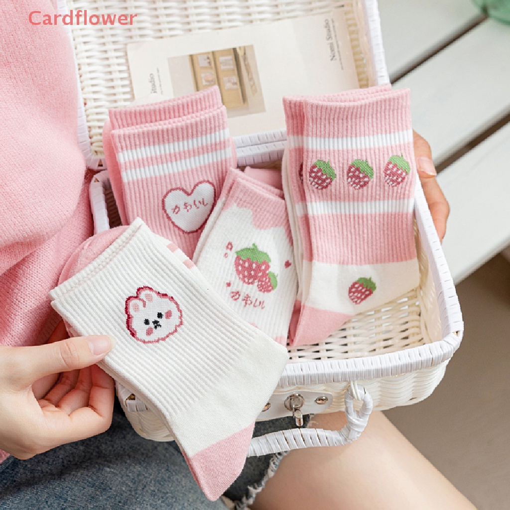 &lt; Cardflower &gt; Mới Vớ Cotton Cổ Vừa In Họa Tiết Dâu Tây Màu Hồng Ngọt Ngào Thời Trang Cho Nữ