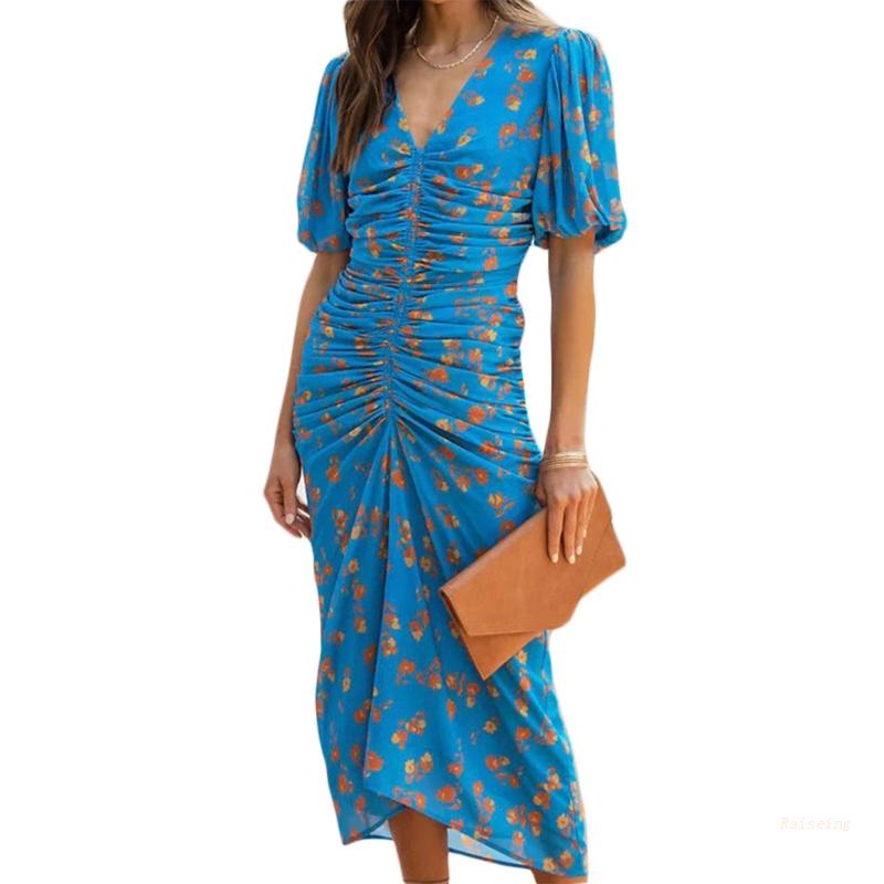 Đầm Tay Ngắn Cổ Chữ V In Họa Tiết Hoa Thanh Lịch Quyến Rũ Thời Trang Mùa Hè Cho Nữ