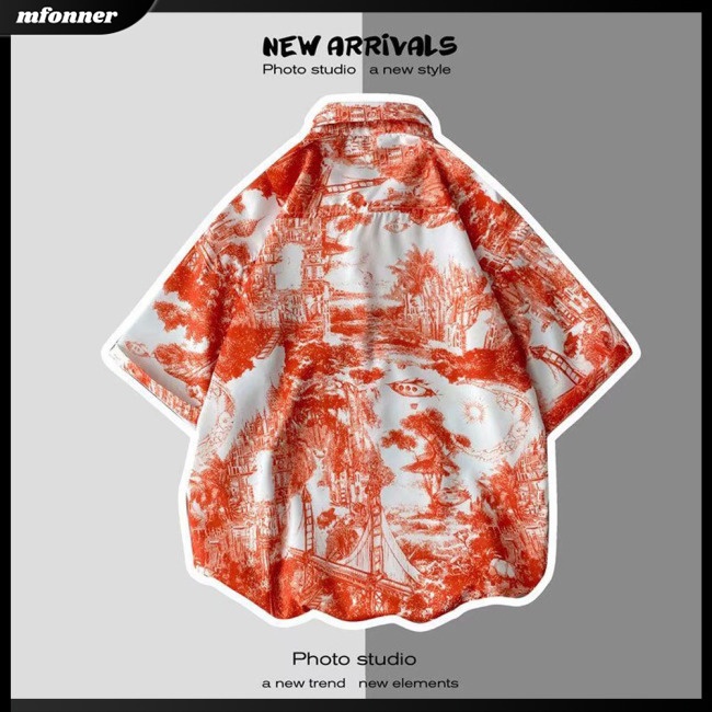 Áo Thun Lụa Lạnh Tay Ngắn Cổ Bẻ In Hình Phong Cảnh Phong Cách Retro Cho Nam Giới