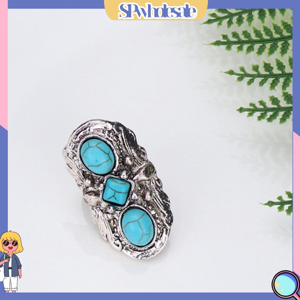 <SPwholesale> Nhẫn Hở Chạm Khắc Hoa Văn Đá Xanh Lá Phong Cách Bohemian Có Thể Điều Chỉnh Kích Thước Cho Bữ