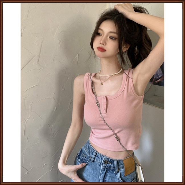 Áo Croptop Dệt Kim Không Tay Cổ Chữ U Màu Sắc Đơn Giản Cho Nữ