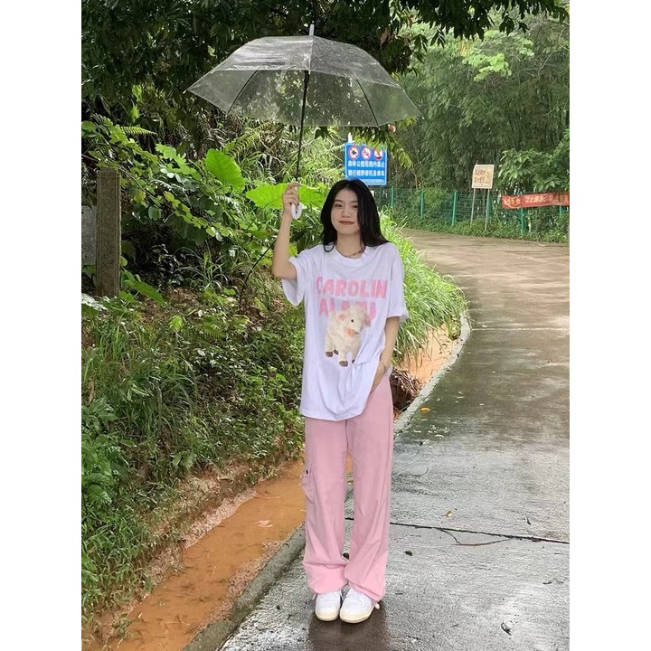 Áo Thun 100% cotton Màu Đen Dáng Rộng In Họa Tiết Xinh Xắn Thời Trang Mùa Hè Cho Nữ 3619