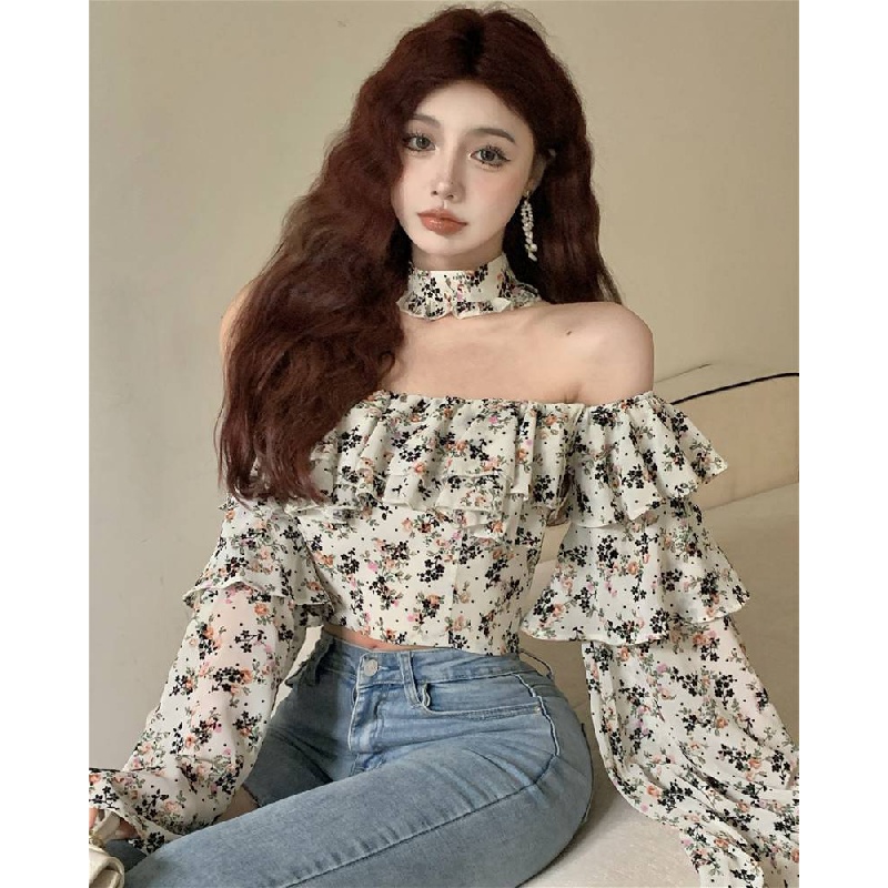 New French flounced floral shirt one-shoulder chiffon long-sleeved shirt off-shoulder sexy short printed shirt
