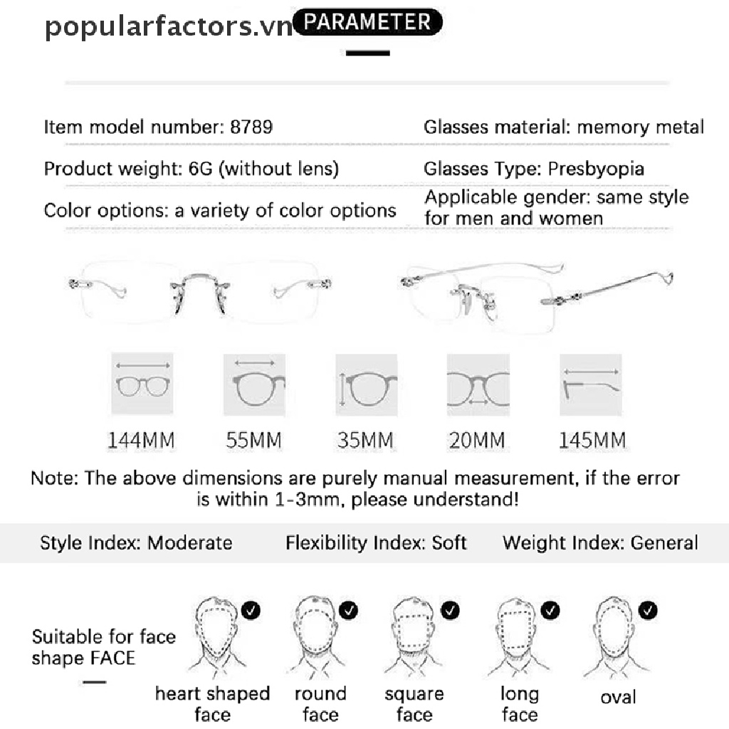 Kính Đọc Sách Không Gọng Phong Cách Vintage + 1.0 1.5 2.0 2.5 3.0 3.5 4.0