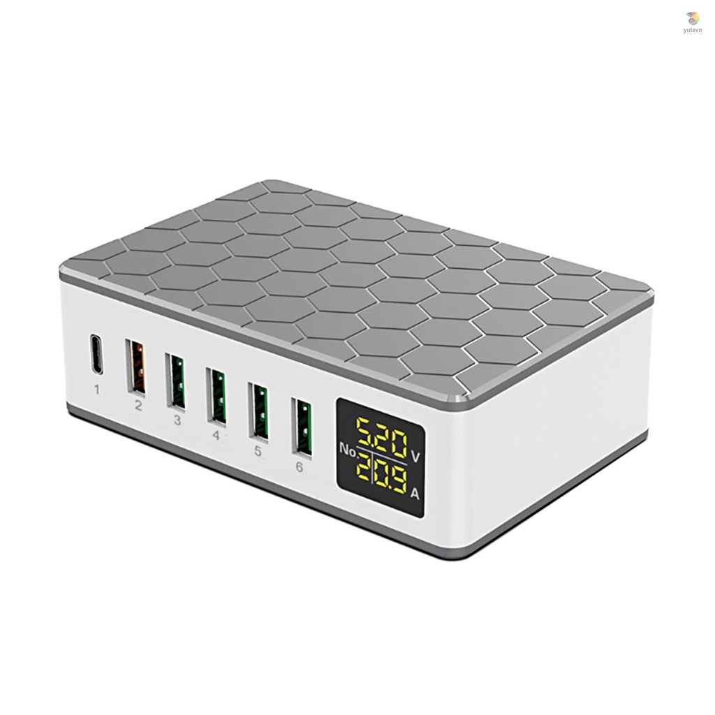Trạm Sạc USB-A 6 Cổng 65W QC3.0 Nhiều Cổng Có Màn Hình LED Cho Các Thiết Bị Để Bàn