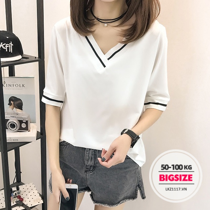 Áo thun Bigsize Áo nữ form rộng tay ngắn cổ chữ v mùa hè Phong cách Hàn Quốc Thời Trang đẹp