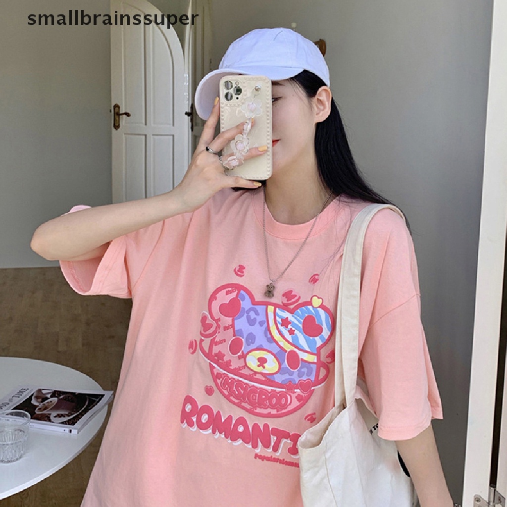 Áo Thun Ngắn Tay Cổ Tròn Dáng Rộng In Hình Gấu Hoạt Hình Thời Trang Mùa Hè Giản Dị Dành Cho Nữ SBS