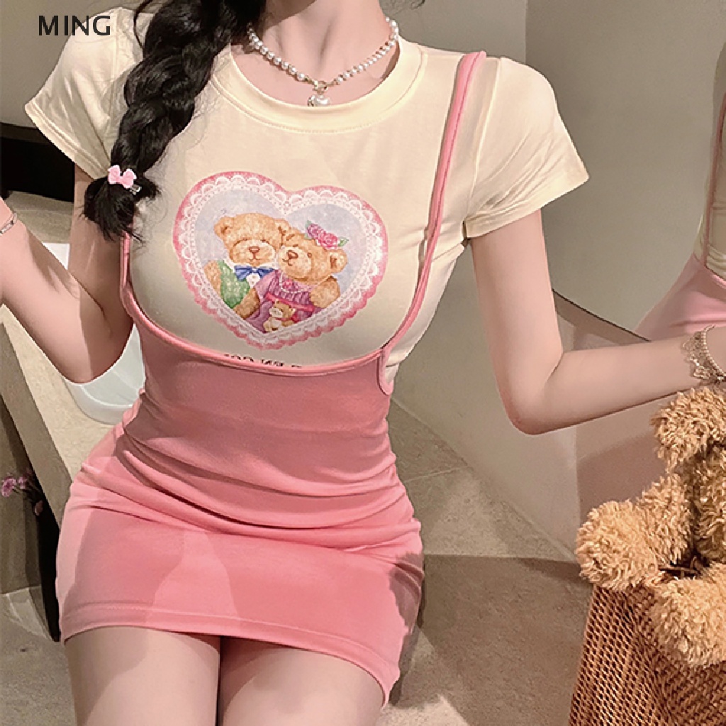 Bộ Áo Thun + Đầm Hai Mảnh Màu Hồng Ngọt Ngào Thời Trang Mùa Hè Hàn Quốc Cho Nữ