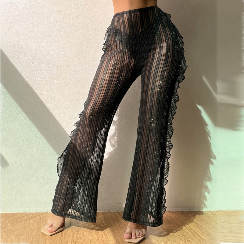 Brroa Quần Dài Lưng Cao Phối Lưới Họa Tiết Kẻ Sọc Lấp Lánh Thời Trang Dự Tiệc / Đi Biển Cho Nữ