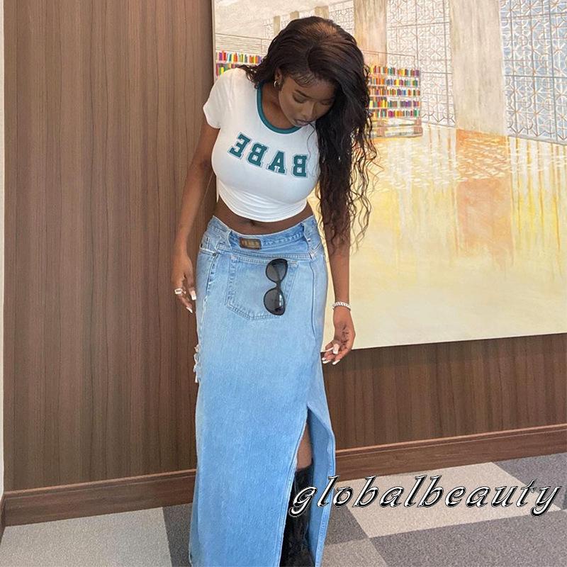 Áo Croptop Tay Ngắn Cổ Tròn In Chữ Phong Cách Đường Phố Cho Nữ