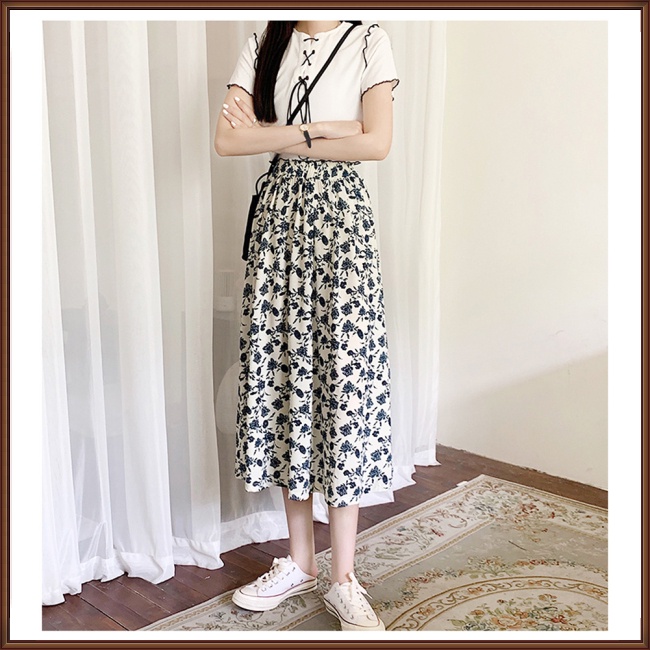 Chân Váy Lưng Cao Co Giãn In Họa Tiết Hoa Phong Cách Pháp Cổ Điển Thời Trang Mùa Hè Cho Nữ