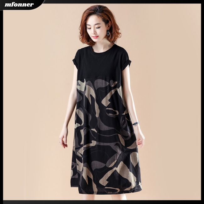 Đầm Chữ A Tay Ngắn Cổ Tròn Dáng Rộng In Họa Tiết Thời Trang Cho Nữ
