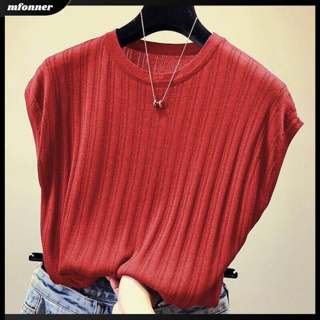 Áo Dệt Kim Tay Ngắn Cổ Tròn Màu Sắc Đơn Giản Cho Nữ Có Size Lớn