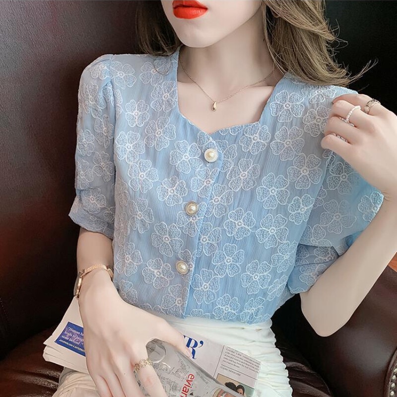 Áo Sơ Mi Chiffon Tay Ngắn In Họa Tiết Hoa Thời Trang Mùa Hè Phong Cách Hàn Quốc Dành Cho Nữ