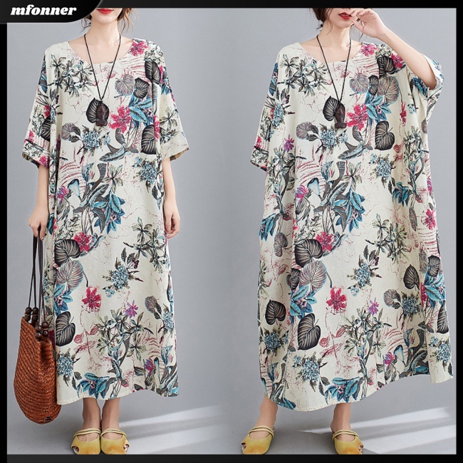 Đầm Dài Vải Lanh Cotton Tay Ngắn Cổ Tròn Plus Size Thời Trang Mùa Hè Cho Nữ