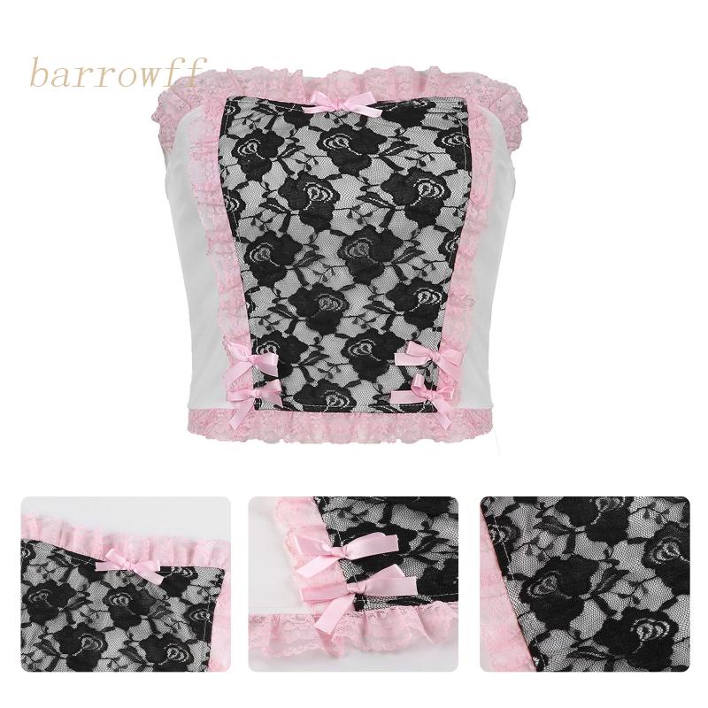 Brroa Áo Ống Không Dây Dáng Ôm In Hoa Phối Ren Nhún Bèo Phong Cách Harajuku Punk Ngọt Ngào Cho Nữ